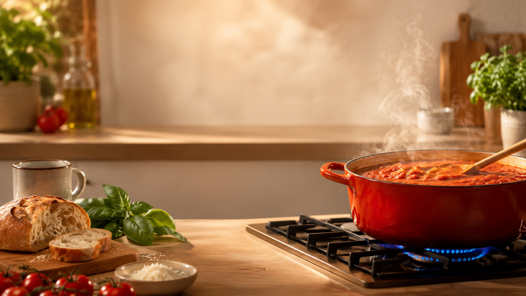 Red pot with protein marinara on a stove with steam, bread, tomatoes, and herbs on a wooden counter.