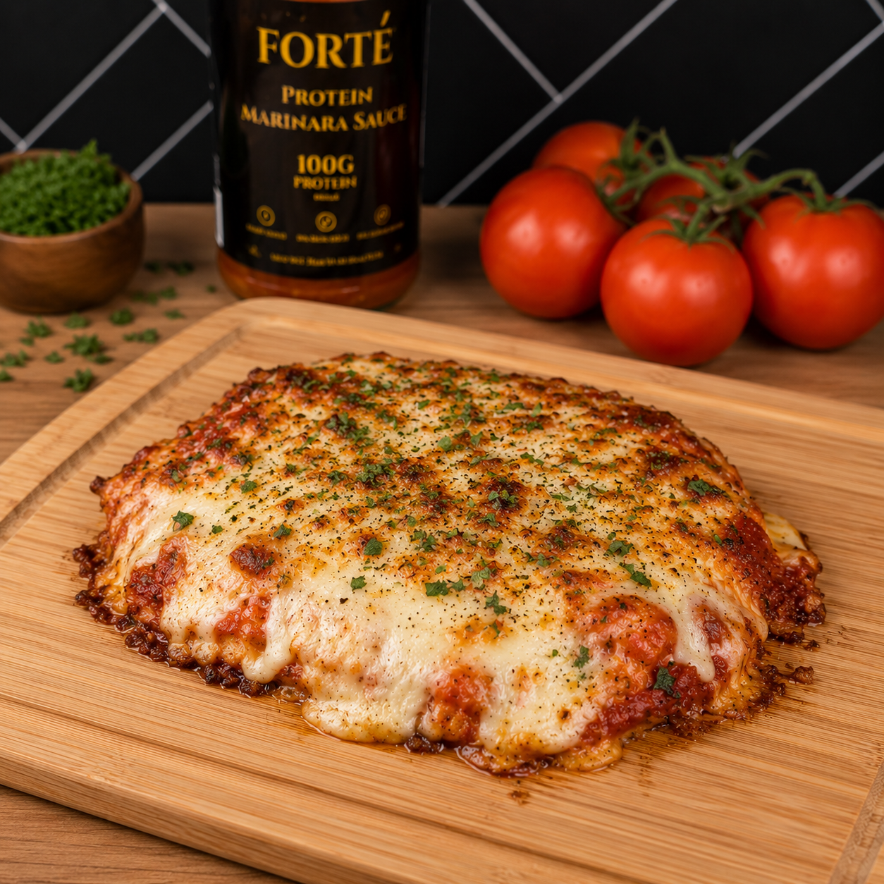 Protein pizza on a wooden board with Forté sauce and tomatoes in the background.
