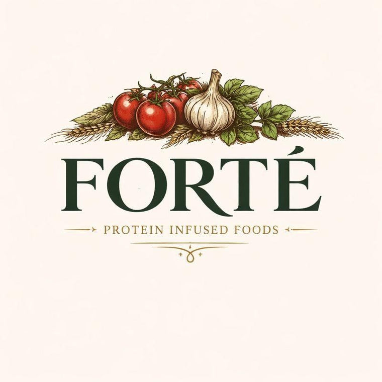 Protein pasta sauce logo forte with gourmet ingredients