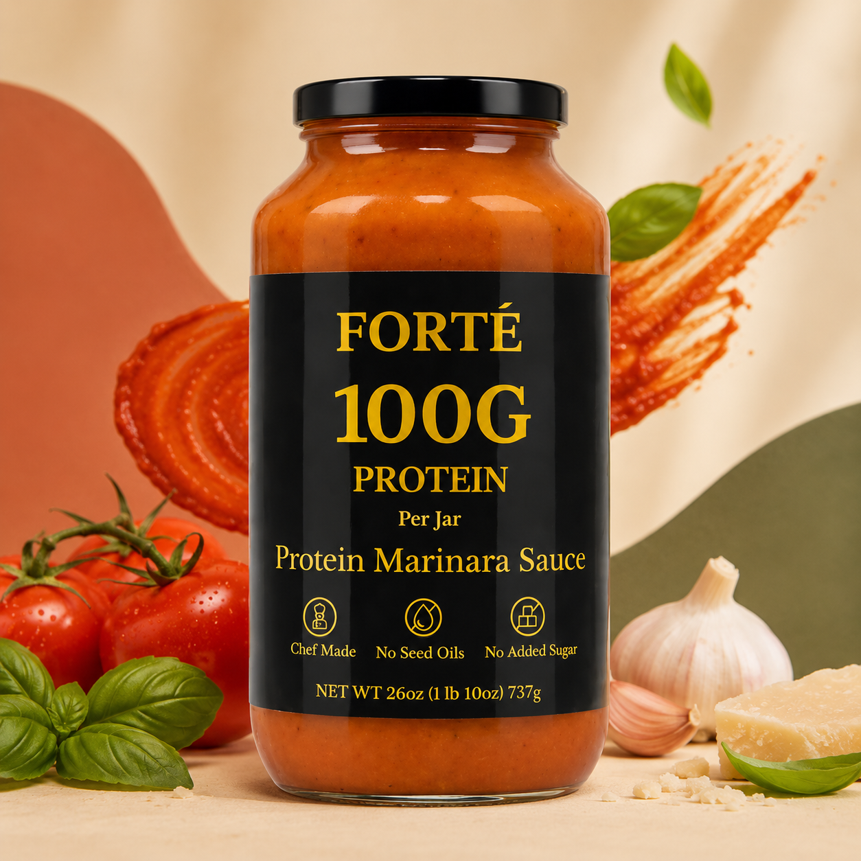 Jar of Forté Protein Marinara Sauce with ingredients in the background