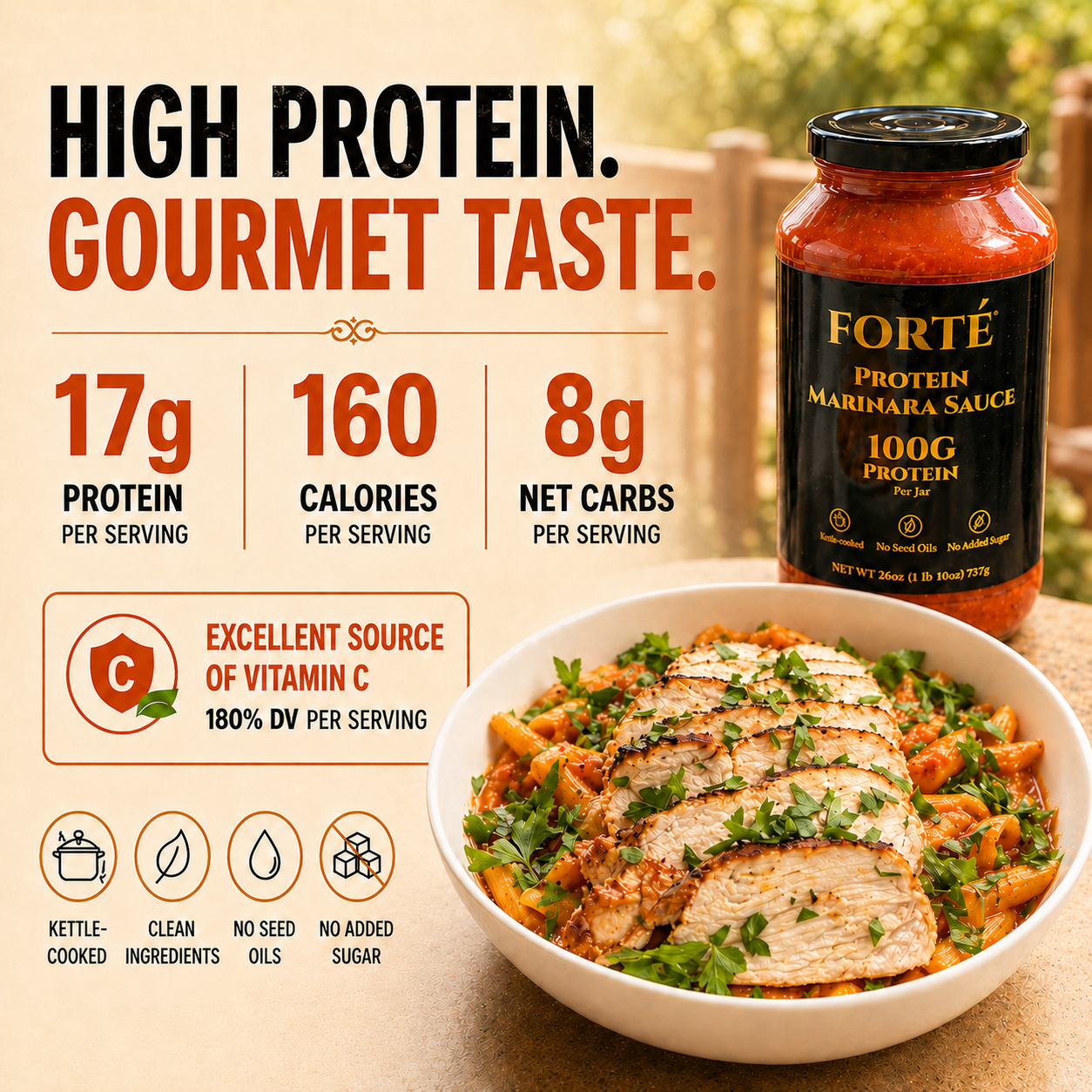 Forte Protein Marinara Sauce bottle with a bowl of pasta and chicken on a wooden table.