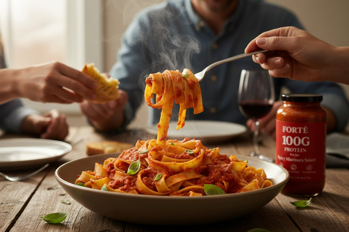 Pasta dinner made with high protein spicy pasta sauce