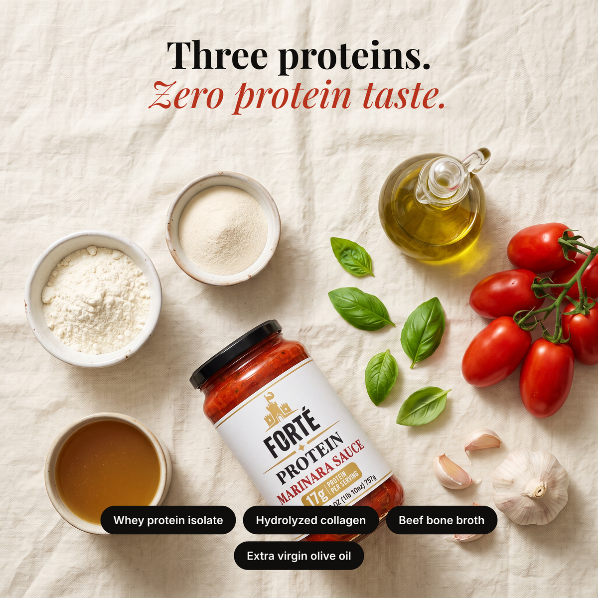 Whey protein isolate, hydrolyzed collagen, beef bone broth and extra virgin olive oil